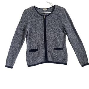 Talbots Women's MP Classic Tweed Cardigan Top White Navy Full Zip 100% Cotton